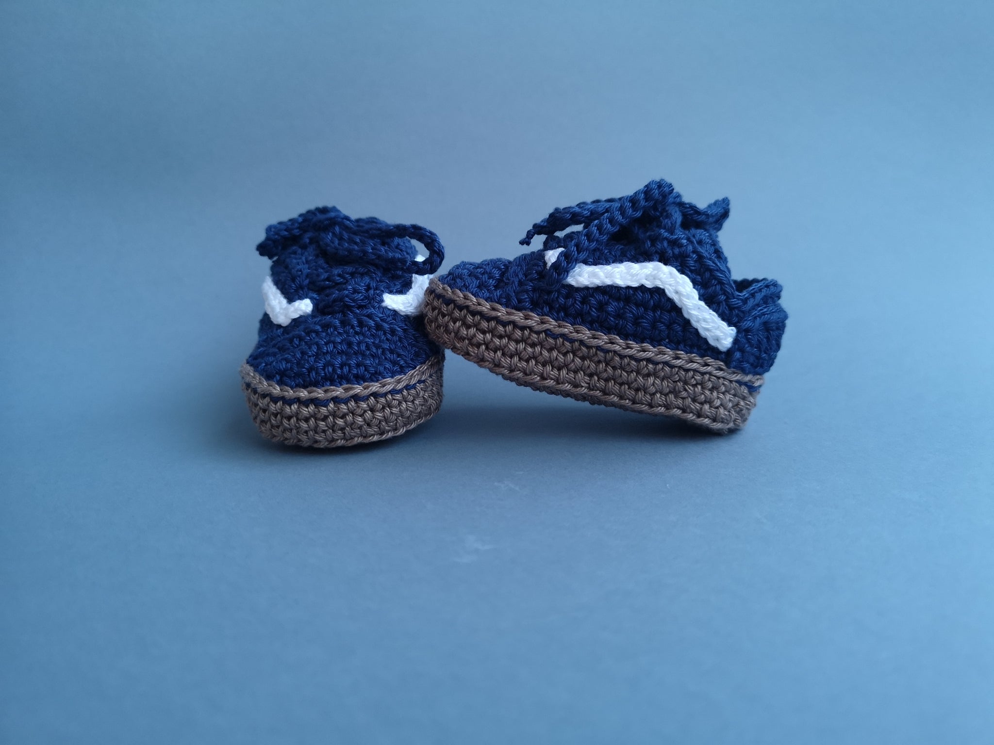 Crochet baby sneakers, Ozana booties, navy blue/brown colors